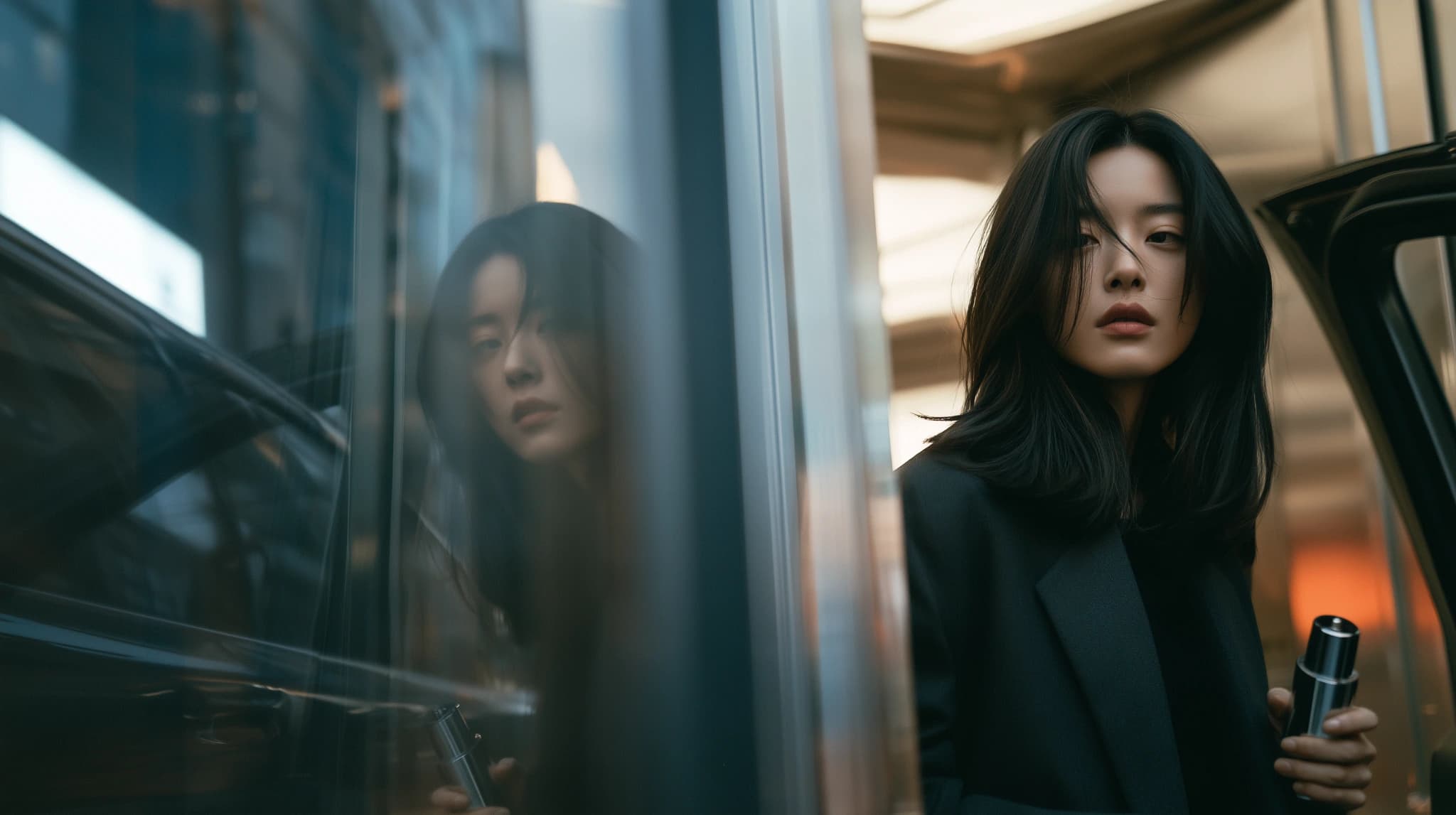 유리에 비친 자신의 모습 곁에서 미스트를 손에 든 여성